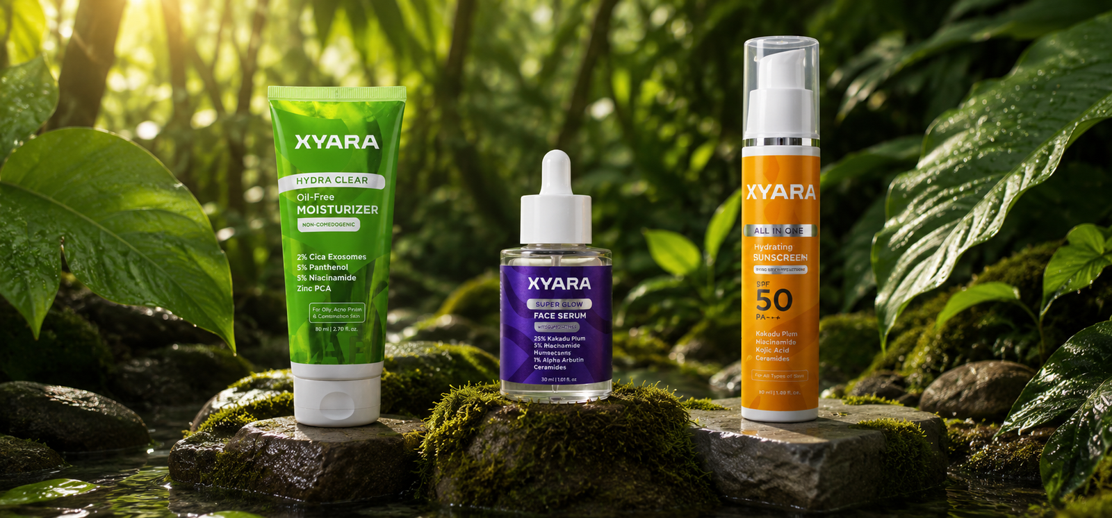 XYARA All In One Sunscreen SPF 50, Super Glow Face Serum & Brightening Moisturizer